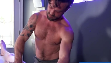 Anal play and handjob with his hunk stepdad makes him cum