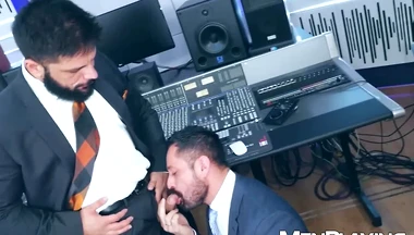 Suited Cristian Sam ass drills Little Brako deep in studio