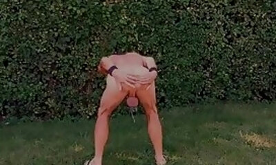 naked gay slave exposed outdoor splash thru penis cage fingering gay cunt BDSM CBT