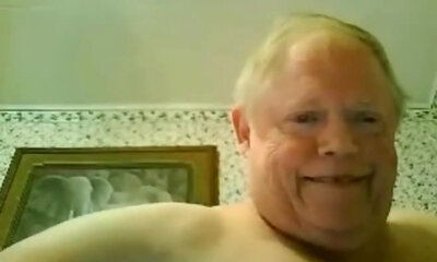 Fat grandpa jerking off on the bed